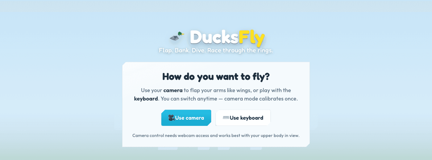 The DucksFly landing screen: the DucksFly logo with a mallard duck glyph over a sky-to-grass gradient, the tagline 'Flap. Bank. Dive. Race through the rings.', and a card asking 'How do you want to fly?' with two buttons, Use camera and Use keyboard.