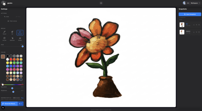 The same studio screenshot after pressing Generate: the rough freehand flower has been replaced on the canvas by a more polished oil-painting version of the same composition (still a daisy with orange and pink petals, yellow center, brown soil base, but now textured and with depth). The Snapshots panel on the right now shows two entries: an AI snapshot and a Sketch snapshot, both timestamped.