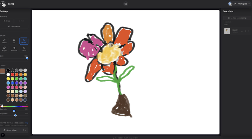 Screenshot of the gestro studio in the browser. The left rail holds the brushes (pencil, oil, marker, acrylic, airbrush, eraser), a brush-size slider, and an HSB color picker. A flower drawn freehand sits on the canvas in the middle, with a yellow center, orange and pink petals, and a brown soil base. The right rail shows a Snapshots panel with one locked entry. The footer shows the Generate button with a credit balance.