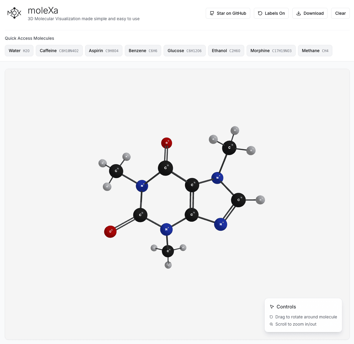 Screenshot of the moleXa 3D viewer in the browser. The header shows the moleXa logo, a 'Star on GitHub' button, and toggles for atom labels and downloading the current molecule. A row of quick-access molecule chips beneath the header offers Water, Caffeine, Aspirin, Benzene, Glucose, Ethanol, Morphine, and Methane. The main canvas area renders a caffeine molecule in 3D as labeled spheres for atoms (carbon black, nitrogen blue, oxygen red, hydrogen grey) connected by black cylinders for bonds. A small controls card overlays the bottom right of the canvas with 'drag to rotate' and 'scroll to zoom in or out'.
