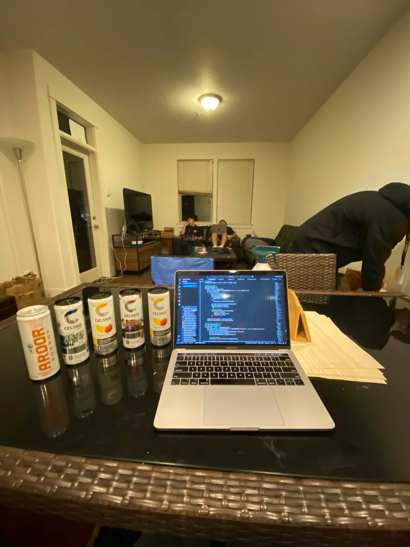 Laptop and energy drinks at BeaverHacks—we won