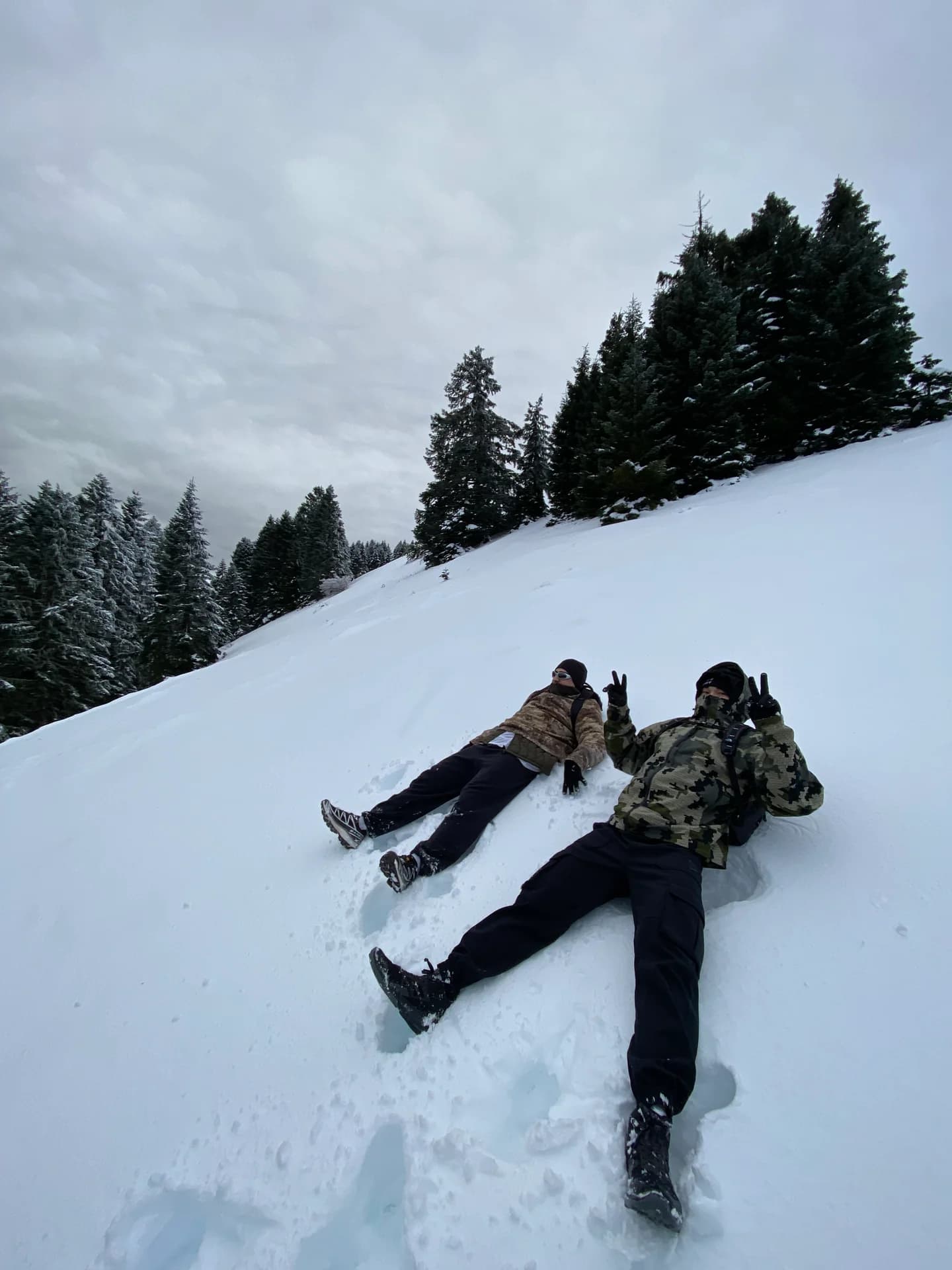 Two friends resting on a snowy hillside