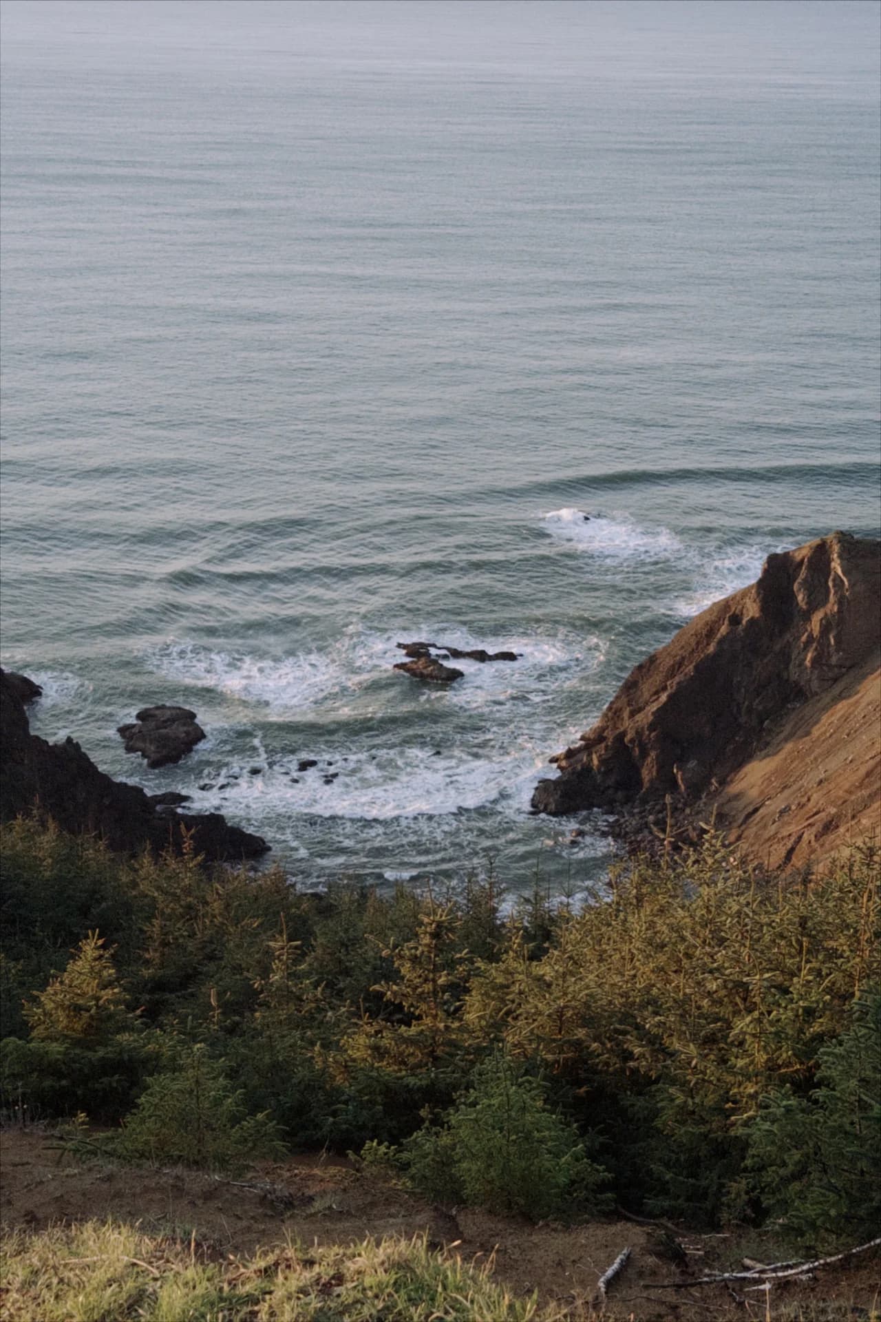 Waves breaking below a rocky coastal trail