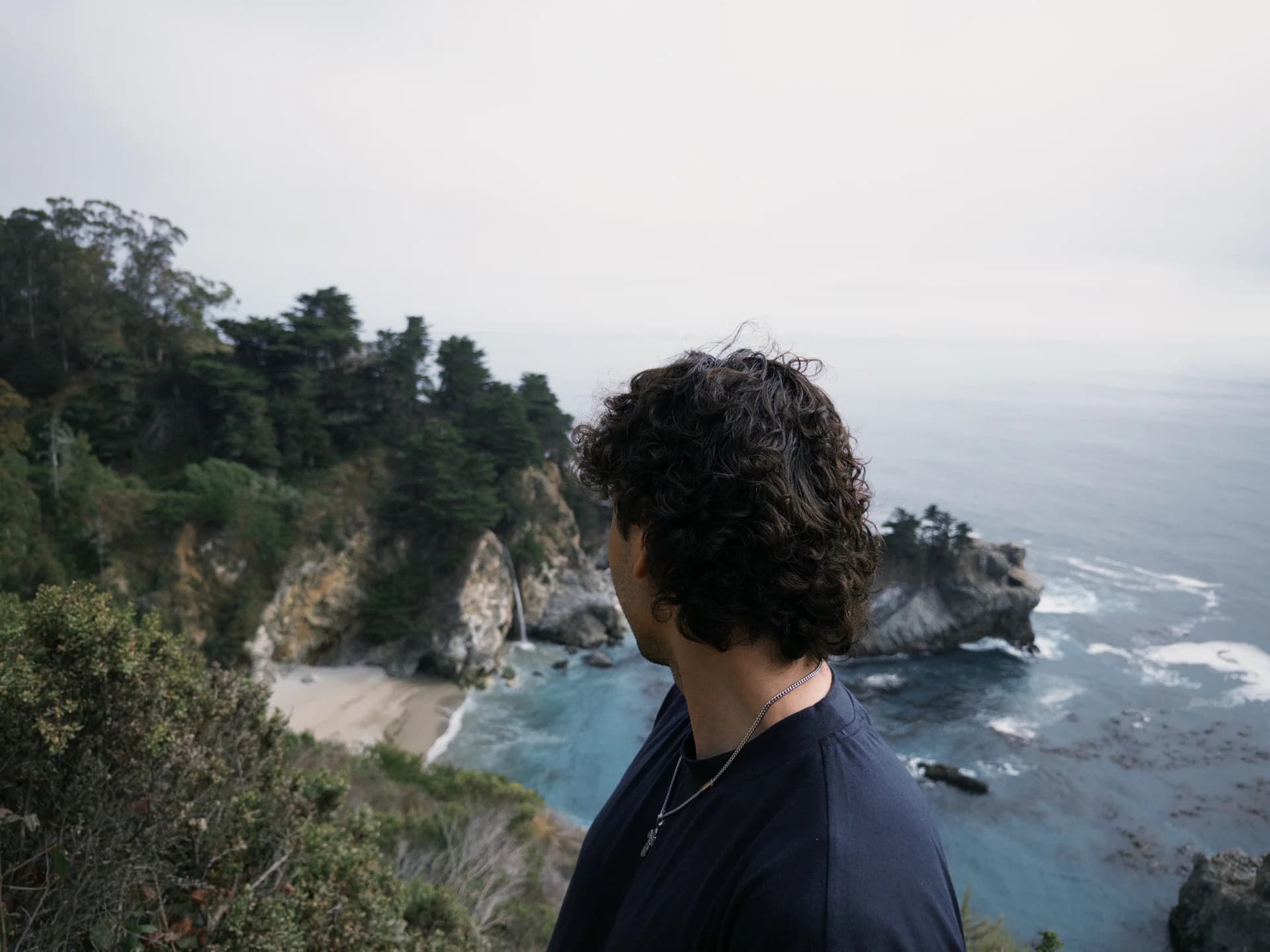 Taking in a waterfall and ocean view