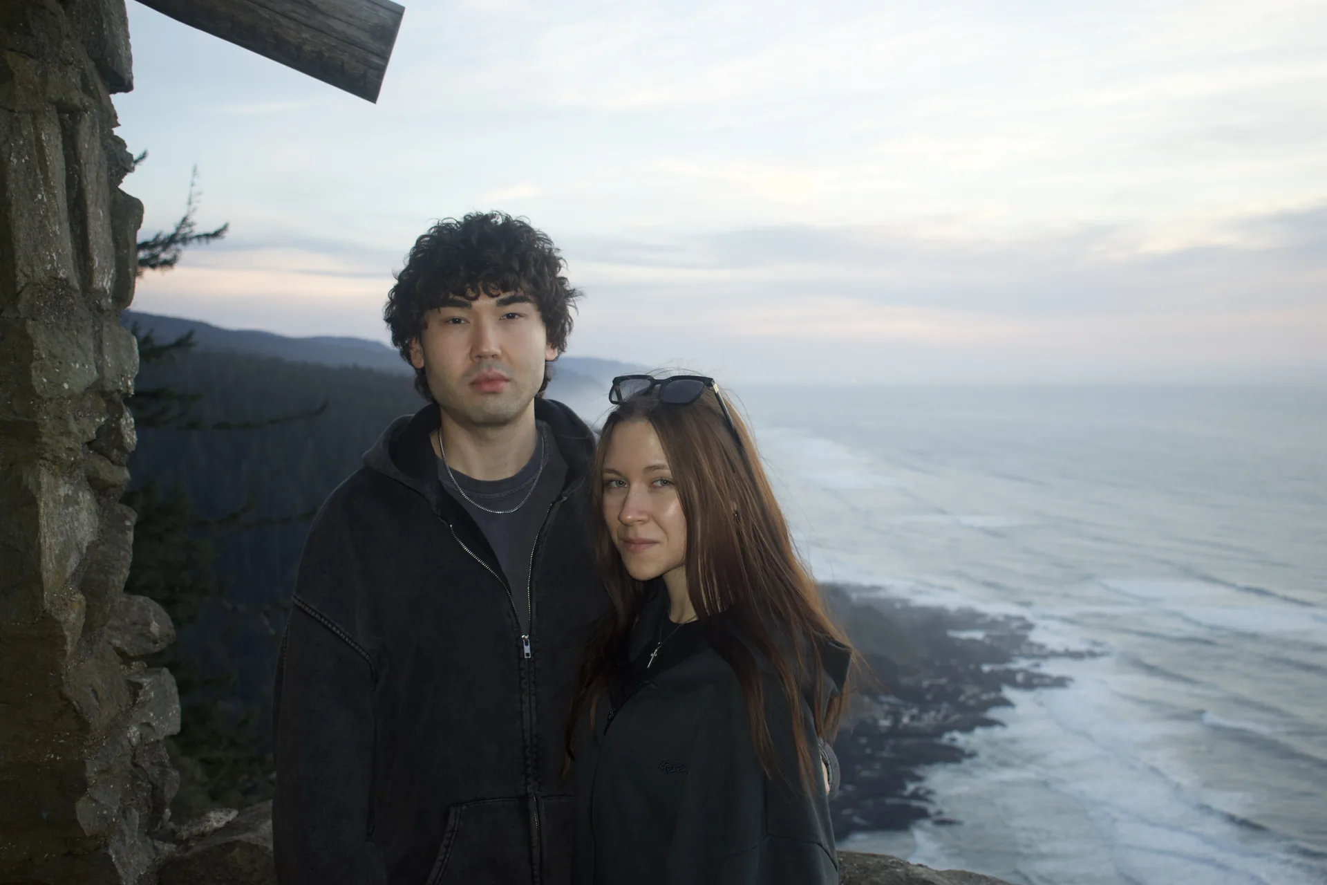 My girlfriend and me at the stone shelter above the coast